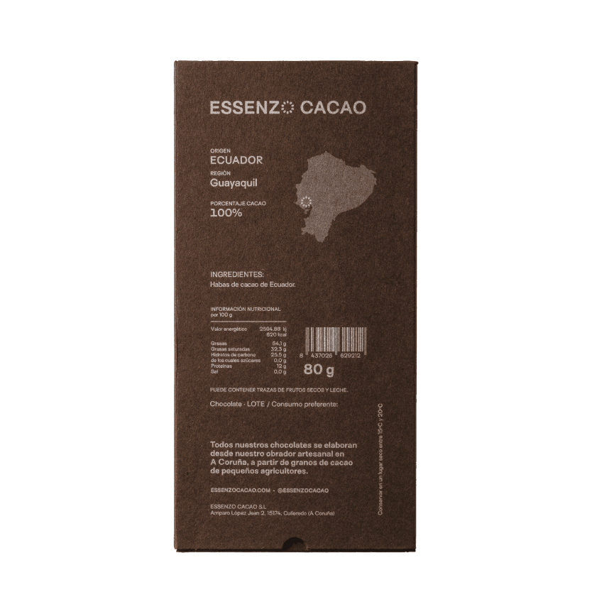 Reverso tableta chocolate puro 100% origen único Ecuador Hacienda Victoria Essenzo