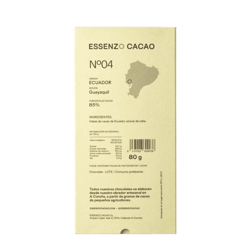 Reverso tableta chocolate artesanal Ecuador origen único Essenzo
