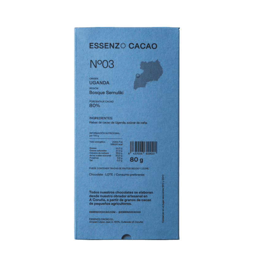 Reverso tableta chocolate artesanal Uganda origen único Parque Nacional Semuliki