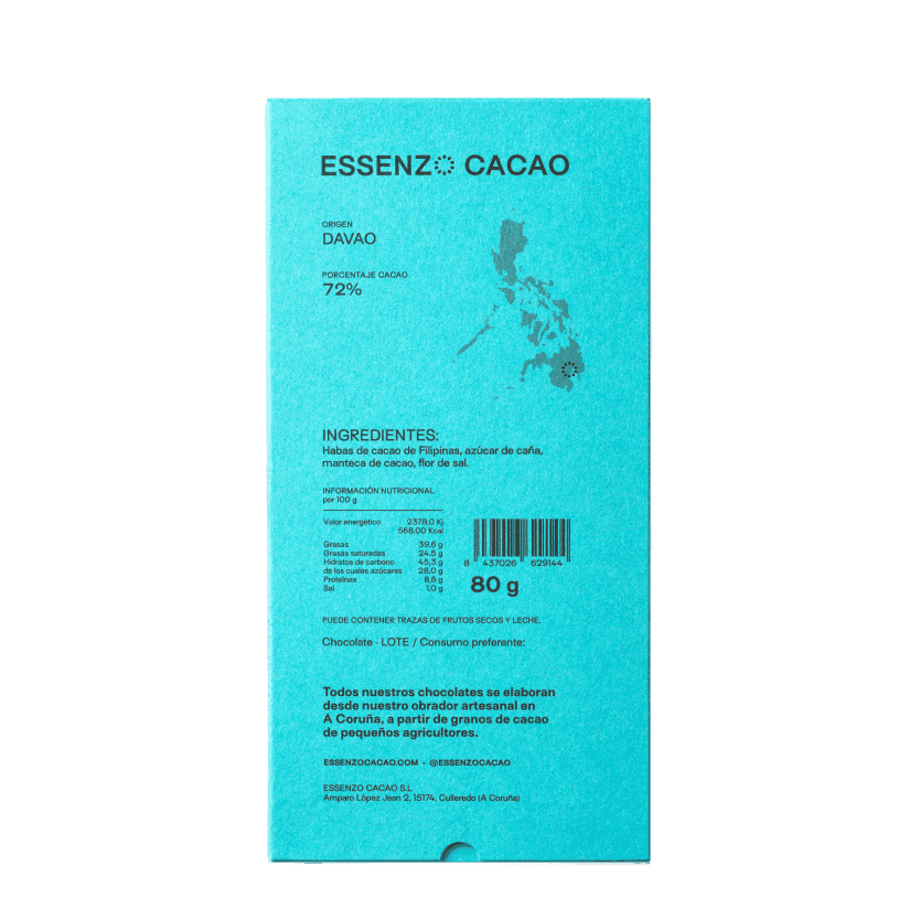 Reverso tableta chocolate artesanal flor de sal cacao origen Filipinas Davao