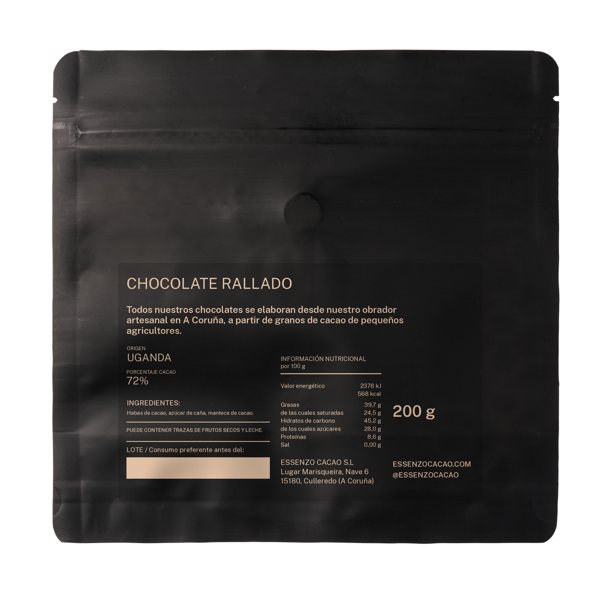 Etiqueta trasera de Hot Chocolate: chocolate rallado de Uganda 72%, ingredientes e información nutricional