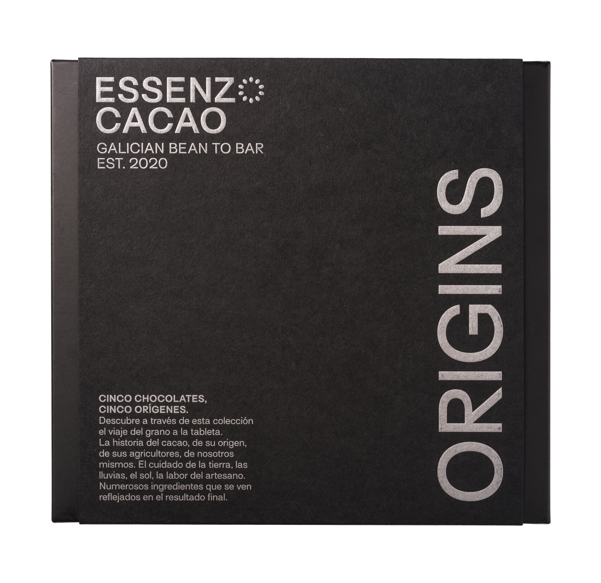 Caja Origins de Essenzo Cacao: pack regalo de 5 chocolates negros bean to bar de origen único