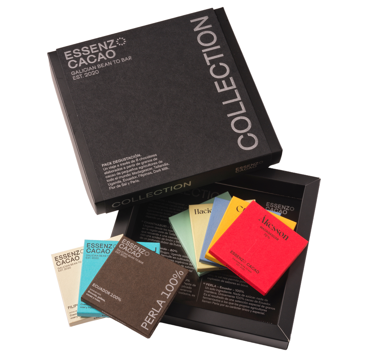 Pack degustación Collection abierto con 8 tabletas de chocolate bean to bar de 40 g de distintos orígenes