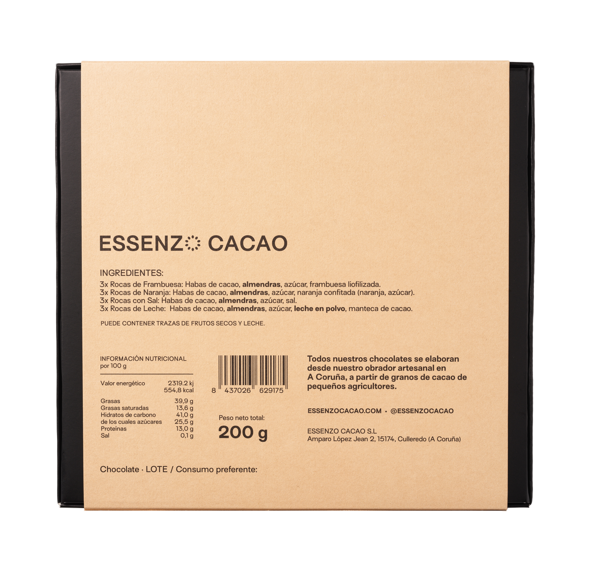 Trasera de la caja de rocas de chocolate: ingredientes, alérgenos e información nutricional