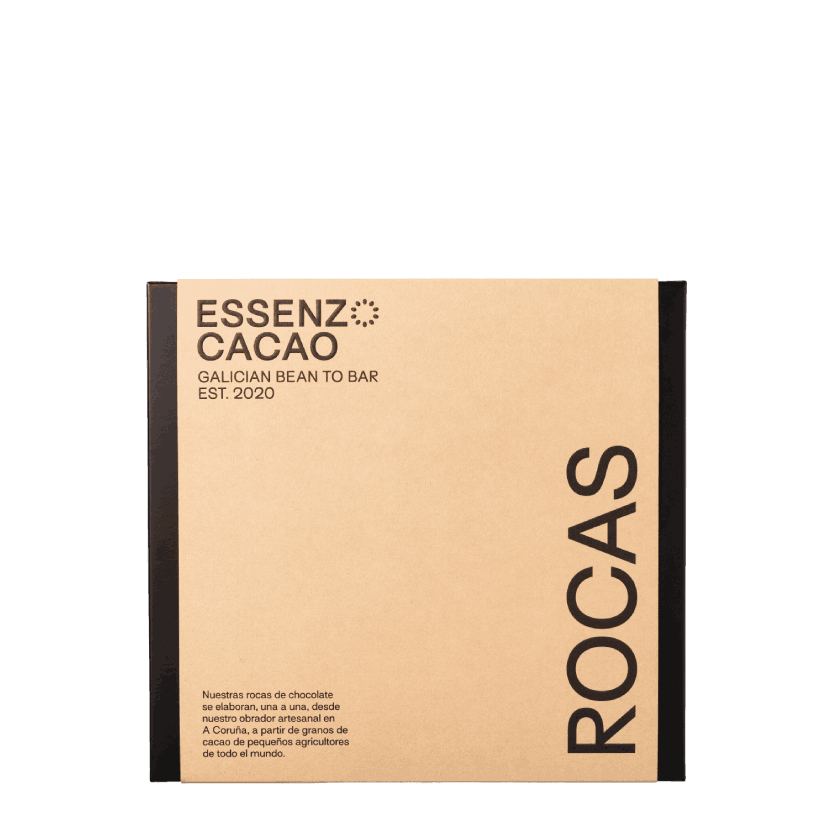Caja rocas de chocolate artesanal con almendra 4 variedades bean to bar Uganda Essenzo Cacao